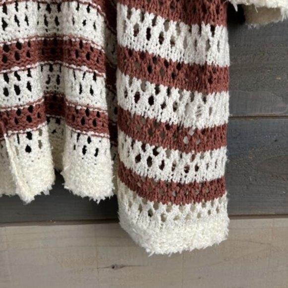 Moon River Striped Pointelle Crochet Open Front Knit Midi Cardigan - Picture 2 of 9